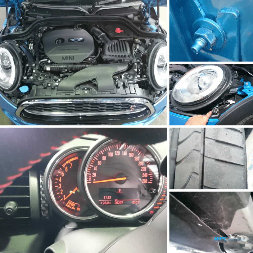 Images of Mini Cooper pre-purchase inspection.