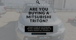 Silver Mitsubishi Triton Dual Cab Ute. Text says "Are you buying a Mitsubishi Triton?" Steer clear of Mitsubishi Triton problems.