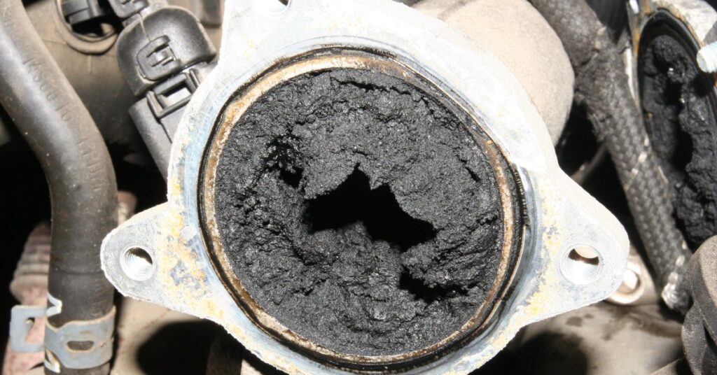 Diesel VW EGR valve intake manifold covered in carbon deposits.