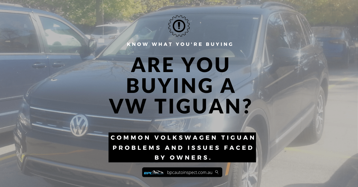 Black VW Tiguan with text: Common Volkswagen Tiguan problems and issues faced by owners.
