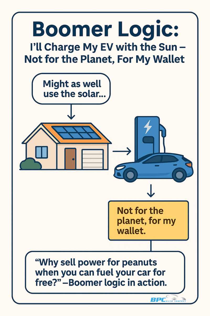 Boomer Reveals Solar & EV Savings Secrets Infographic showing why a retired Australian homeowner with solar panels chooses to buy an EV instead of selling electricity back to the grid.